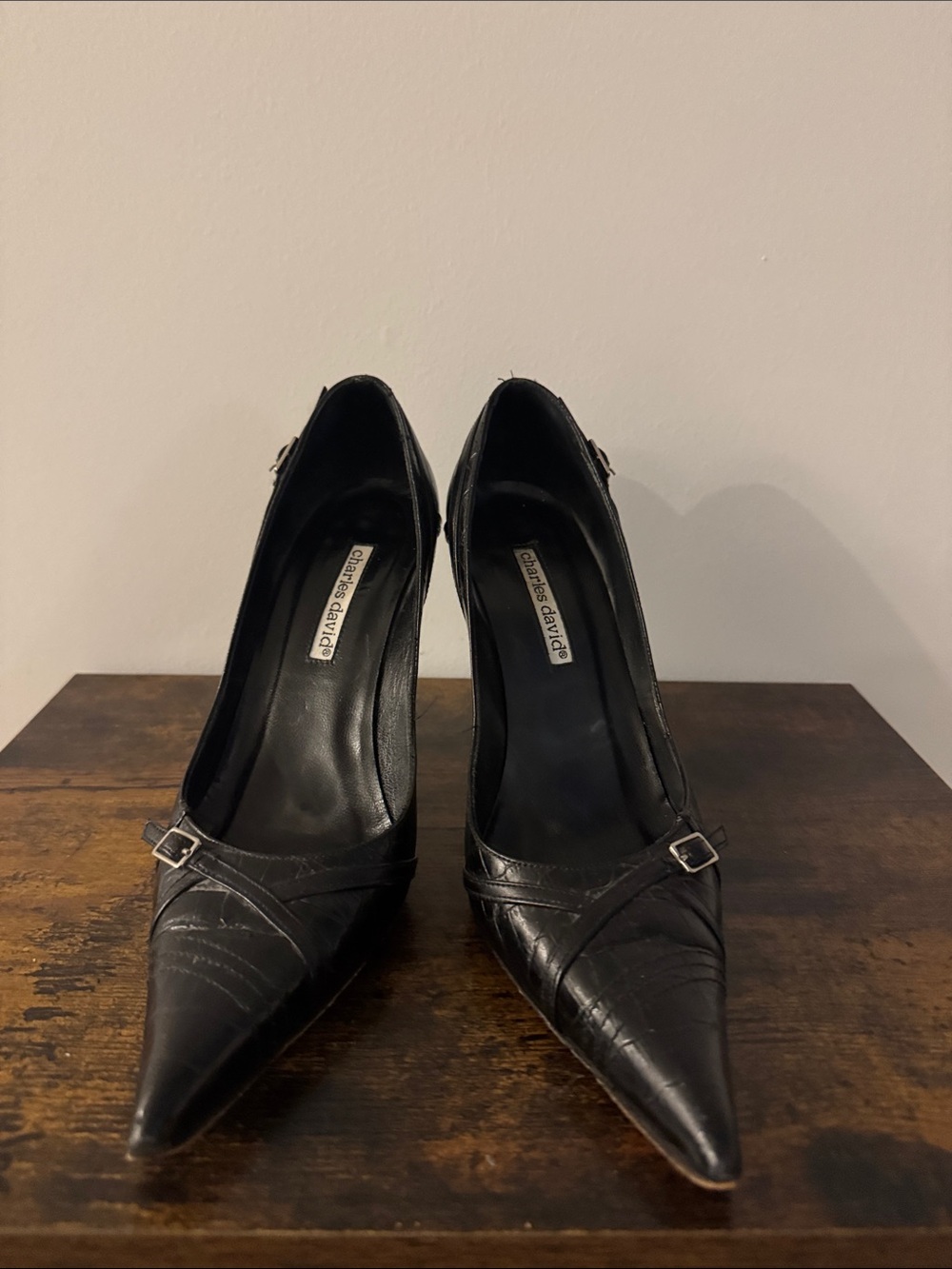 Charles David Black Pointed Leather Buckle Pumps - Picture 2 of 11